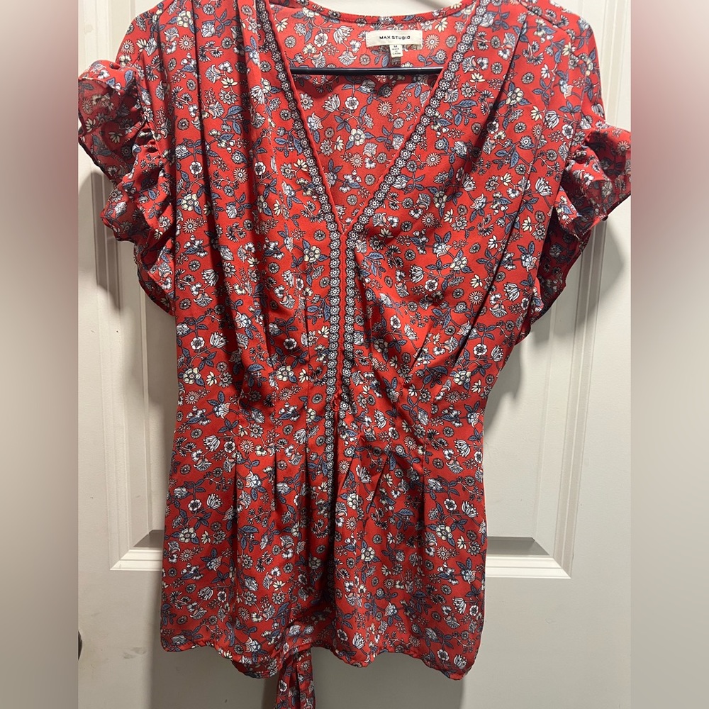 Max Studio tie front ruffle shoulder top - Picture 2 of 5
